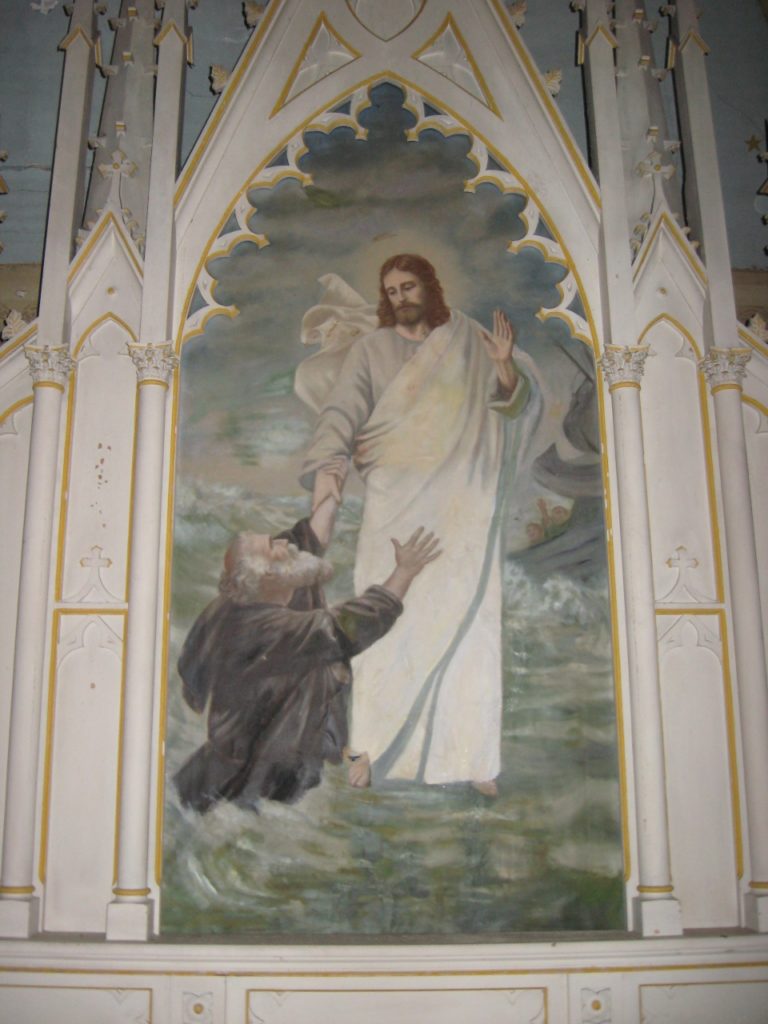 Altar painting showing Christ's rescue of Peter, courtesy of Norwegian Lutheran Church in Calumet, MI,
