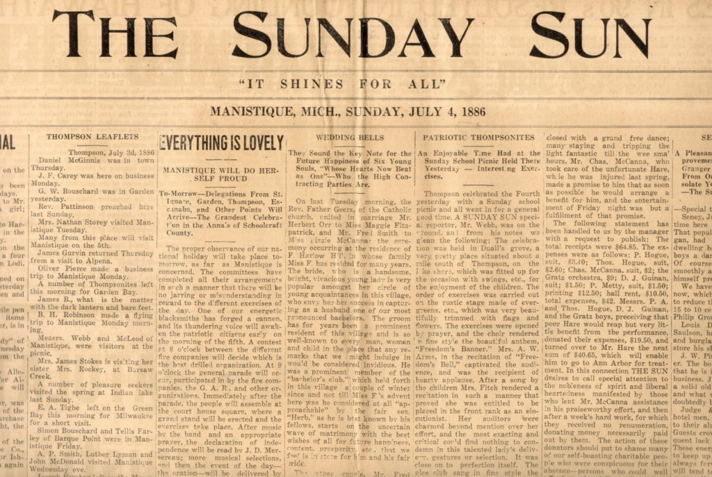 A 1930’s Pioneer Tribune  reprint of the July 4, 1886 edition of the Sunday Sun